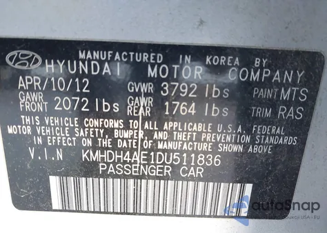 2013 Hyundai Elantra Limited z USA, uszkodzony, nr VIN KMHDH4AE1DU511836
